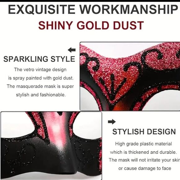 Venetian His and Hers Masquerade Matching Couples Red Black Mask Set #9 - Picture 5 of 6